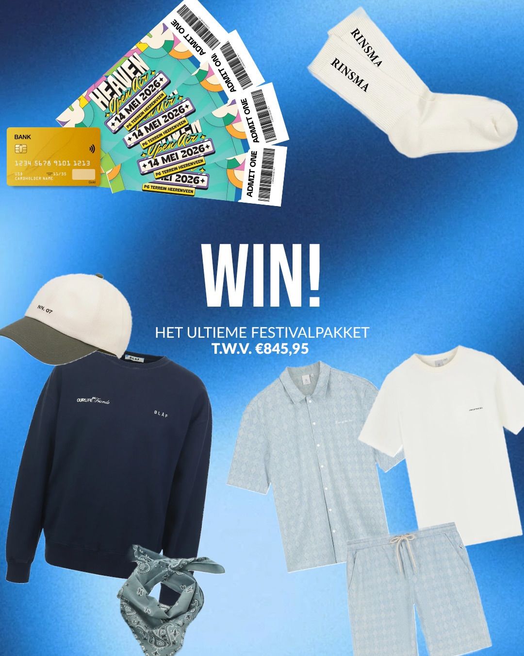 WINACTIE GESLOTEN

————————————

WIN HET ULTIEME FESTIVALPAKKET TER WAARDE VAN €845,95
⁠
Get ready for festival season met dit MEGA festivalpakket vol musthaves! 🪩✨ 24 april hebben we onze Heaven x RINSMA pre-party bij ons in de winkel. Ben jij daar ook bij? We brengen je alvast in de stemming: swipe om te zien wat er allemaal in dit té gekke festival pakket zit. Dit wil je niet missen!
⁠
WAT ZIT ER ALLEMAAL IN HET PAKKET?
* 4x tickets + cashcard t.w.v. €100 voor @heavenopenair 
* €250 shoptegoed bij @deheerenvanrinsma 
* Law of the Sea set t.w.v. €309,95
* RINSMA X Carlo Lanza sportsokken

HOE DOE JE MEE?⁠
1. Like deze post
2. Volg @deheerenvanrinsma en @heavenopenair op Instagram
3. Tag hieronder drie vrienden met wie jij naar Heaven Open Air gaat als jij wint! 4. Extra kans maken? Deel deze post in jouw story en tag @deheerenvanrinsma en @heavenopenair 
⁠
Woensdag 22 april om 14:00 maken we de winnaars bekend. Good luck!⁠

P.S. de winnaar mag het pakket komen ophalen in de winkel van DE HEEREN VAN RINSMA tijdens onze pre-party op 24 april. 
⁠
#deheerenvanrinsma #winactie #festivalpakket #festivalseason #heavenopenair